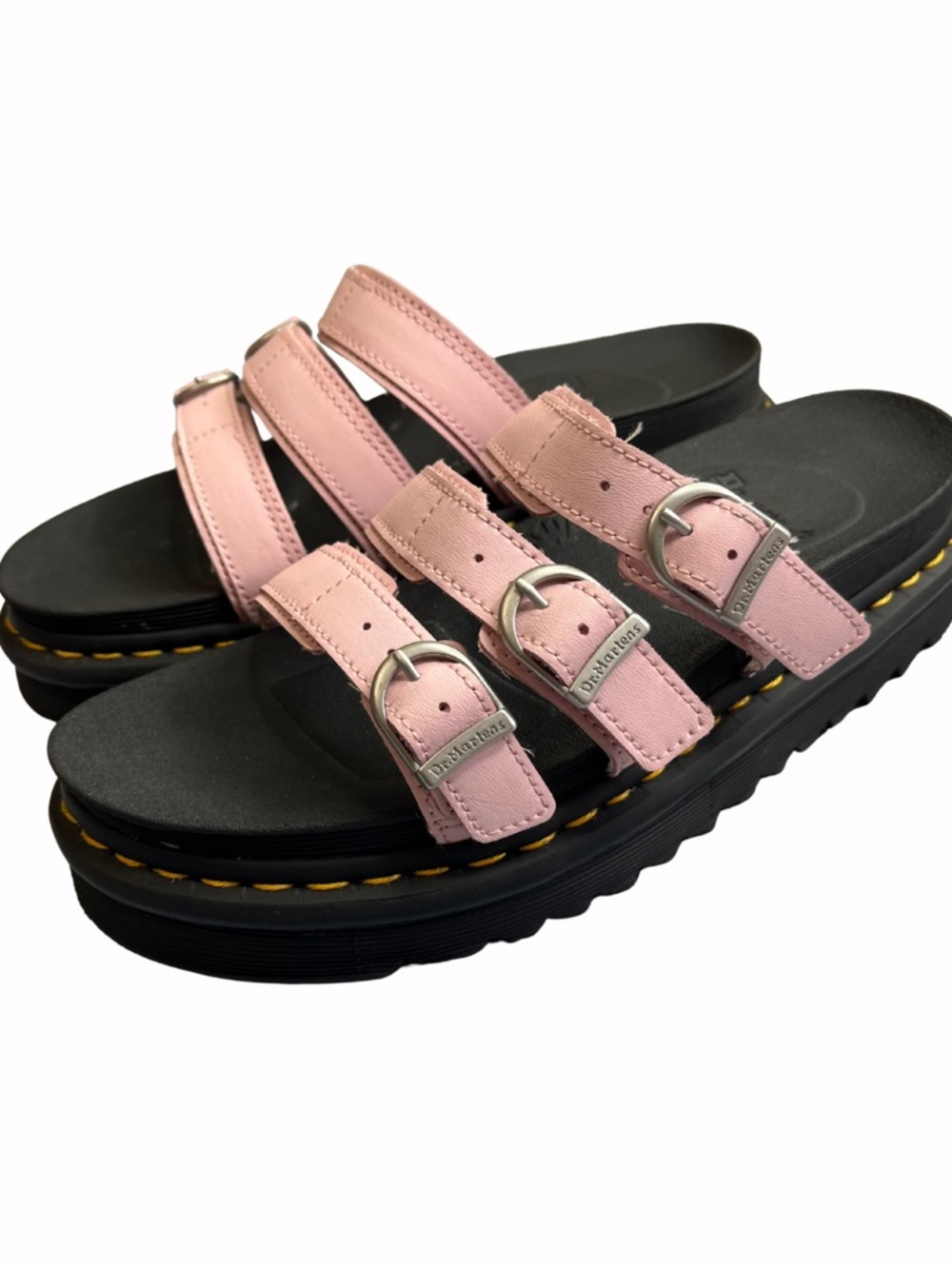 Dr Martens Blaire Pink Leather 3 Strap Buckle Platform Slide Sandals Sz 8